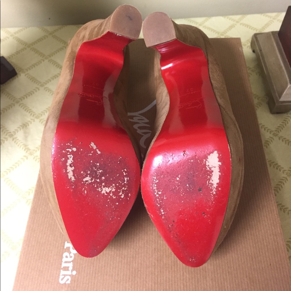 Christian Louboutin Brown Suede Peep-Toe Heels - Picture 6 of 6